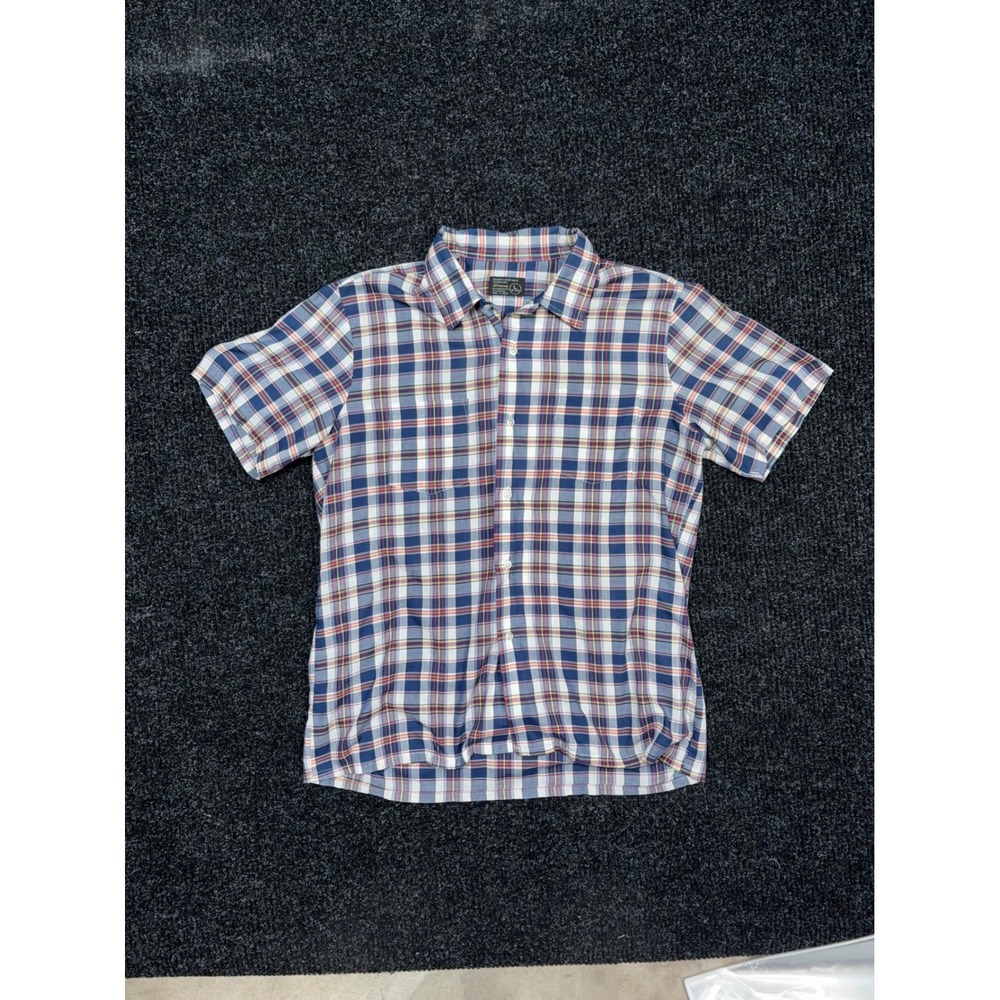 Vintage JCPenney Mens Large Plaid Short Sleeve Button Down Shirt Navy Blue Red